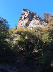 La rocca con alcuni alberi crollati (sul sentiero) in seguito agli incendi del 2017