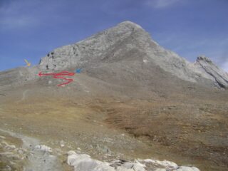 freccia gialla: il colletto da raggiungere; freccia azzurra: la zona del grosso ometto dove deviare per pietraie; la linea rossa è la deviazione se alla pietra con doppia indicazione si è andati a destra