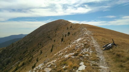 verso il Colle Bertrand e la ripida traccia che porta in cima; dal colle a sx si stacca la delicata discesa sul versante Est