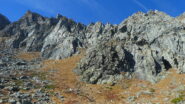 In centro lo sperone su cui si articola la via di arrampicata