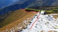 in verde la salita, in rosso la bella cresta SW , io  ho preferito tornare per la via di salita