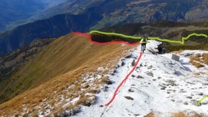 in verde la salita, in rosso la bella cresta SW , io  ho preferito tornare per la via di salita