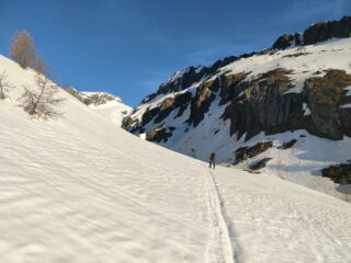 Entrando nel vallone di Val Bona. Si vede già il passo del Forno