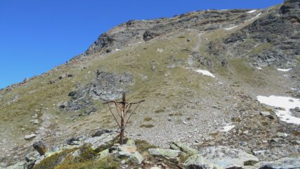 Dalla croce in legno sulla piccola morena si intravede il ripido pendio che porta al Colle