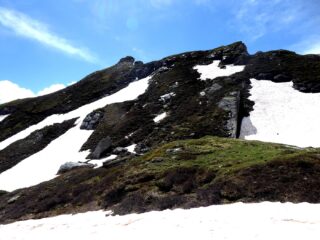 Al centro il nevaio attraversato puntando alla Cresta Est.