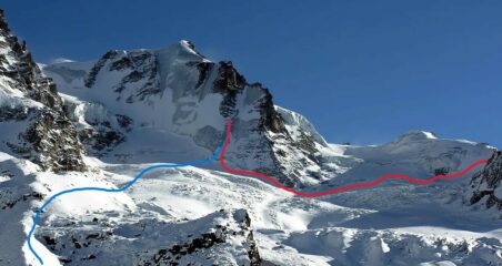 Percorso di avvicinamento alla parete: rosso dal V.Emanuele
blue dal rif. Chabot