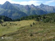 salendo, uno sguardo in giù; sulla destra tra i larici il piccolo Dumsee