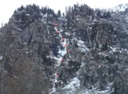 La cascata del Lupo e la posizione approssimativa delle soste