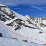 Ns discesa versante nord tra Plate Longe e Coin de l'Ours in rosso e risalita al pas de David in verde