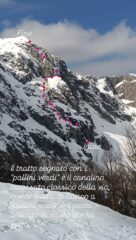 La parte tratteggiata in verde rappresenta il canalino incassato classico della via, quella di fianco tratteggiata in rosso è la paretina di misto che ho percorso.