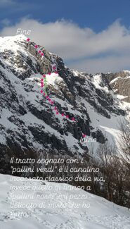 La parte tratteggiata in verde rappresenta il canalino incassato classico della via, quella di fianco tratteggiata in rosso è la paretina di misto che ho percorso.