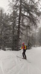 In discesa sotto una fitta nevicata