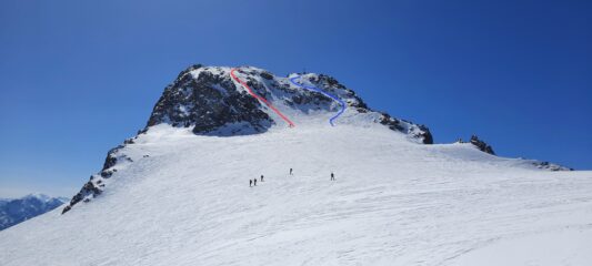 Salita in blu e discesa con ski in rosso dal Jamspitze Hintere