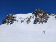 Pollux Westface. Couloir in the center passes easily with short turns