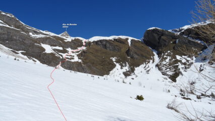 Traccia del ripido salto che immette alla piana di Bonalex. Fatto al buio alla mattina.  