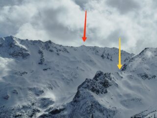 In rosso la cima e in giallo la breccia da cui si passa arrivando dal col de Pouta