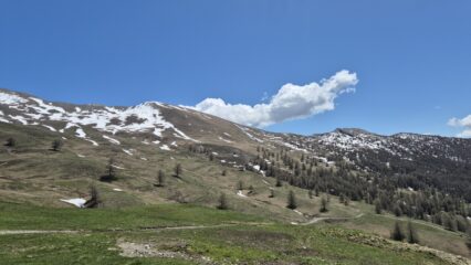 il sentiero di discesa . In alto a dx Punta Melmise e a sx la costa Grossiere.