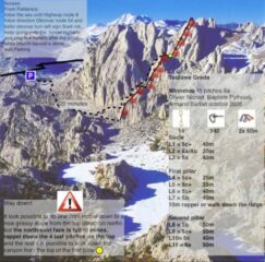Nota: questo schema risale probabilmente all'epoca dell'apertura; la discesa sul versante Nord a oggi non comporta più alcun problema, l'area deve essere stata bonificata ormai da tempo, i sentieri sono ufficialmente segnati e frequentati da molti escursionisti...