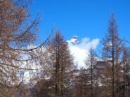 Dalla dorsale tra il Col Cheneil e la cima compare il Cervino.