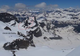 Traccia del percorso vista dal colle della Piccola Ciamarella (foto di metà giugno 2024, con più neve di ora)
