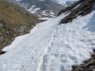 risalita la forra, traverso su neve. ATTENZIONE: al limite del prato, sotto il ponte di neve c'è il torrente!