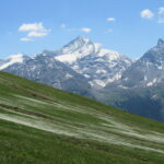 Grivola e Gran Nomenon con prati fioriti, in discesa dalla P.te de la Pierre