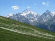 Grivola e Gran Nomenon con prati fioriti, in discesa dalla P.te de la Pierre