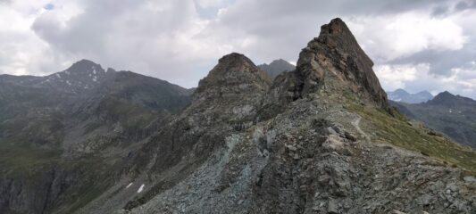 Dal sentiero dopo il colle, a dx il gendarme che si aggira sulla destra, a sx la Punta Palasina, in mezzo dietro compare la Punta Valfredda