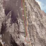 Tracciato della via, la linea rossa (in arancione la mellano, in verde imagine). Cominciare a traversare dietro lo spigolo dalla fine dell' ultimo 4b della Mellano