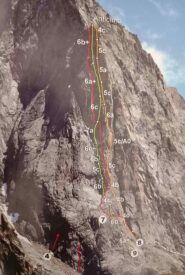 Tracciato della via, la linea rossa (in arancione la mellano, in verde imagine). Cominciare a traversare dietro lo spigolo dalla fine dell' ultimo 4b della Mellano