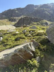 Paletto arancione che indica l'inizio del sentiero per il Bortolon