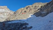L'attacco della via e la sosta della doppia per il rientro