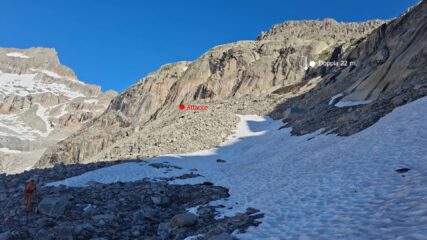 L'attacco della via e la sosta della doppia per il rientro