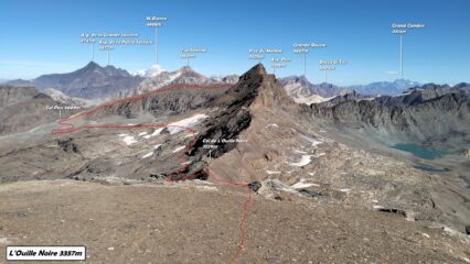  In rosso la traccia che che abbiamo fatto e traversa verso la via di salita dell'Aiguille Pers.