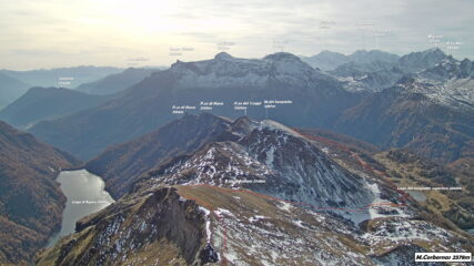 In rosso la tracci di discesa che riporta alla diga di Agaro.