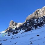 Il canale dalla klausenstrasse. In verde la salita normale, in giallo la variante