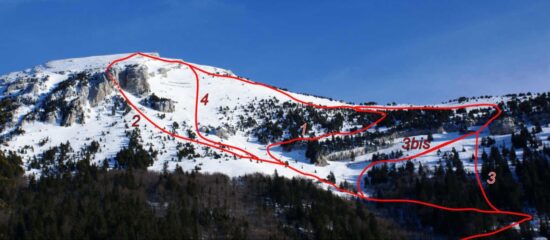 Opzioni di discesa:
1-Via di salita 
2-Canyon
3-Cirque
4-Paravalanche