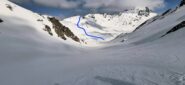 Prima discesa dal Morefreddo, al fondo la breve risalita alla quota 2699