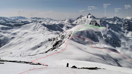  In rosso la traccia di salita in verde la salita alla Cima Specola (Hühnerspiel)