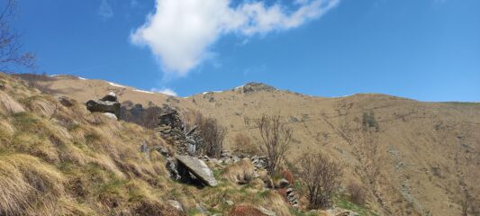 Sulla sx Vaccarezza, sulla dx cima dell'Angiolino. Sul pendio si intravedono le righe diagonali dei vari sentieri di raccordo tra la cresta della zona del rifugio Peretti Griva e l'alpe Vaccarezza inferiore 