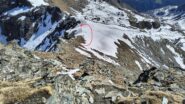 Il canale di discesa, a destra la via normale senza neve