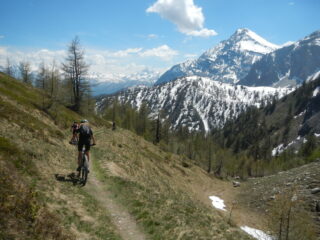 discesa con panorama verso il Monte Chaberton e la Punta Gardiol