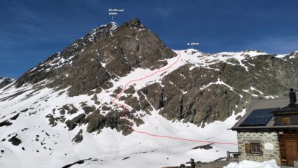  Io invece mi invento una via più diretta che scende lo sperone roccioso . In rosso la mia traccia vista dalla Chamanna Jenatsch. 