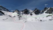  In rosso traccia di ritoerno sul Vadret d'Agnel .In verde quella fatta in mattinata per salire la Fuorcla da Flix.  In pratica ho fatto il giro dello Tschima da Flix e Piz Picuogl.