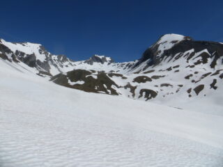 il vallone del Teppiè con a sx la Pointe du Lac sans Fond, al centro il mont de la Fourclaz , a dx la Lancebranlette