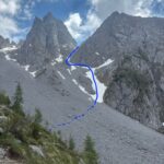 il percorso di salita con la lingua di neve nascosta