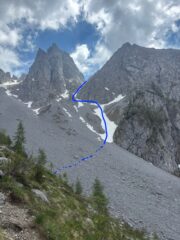 il percorso di salita con la lingua di neve nascosta