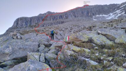  In rosso la traccia tra i massi che porta verso la barra rocciosa ed il canale che immette sulla cresta di salita.